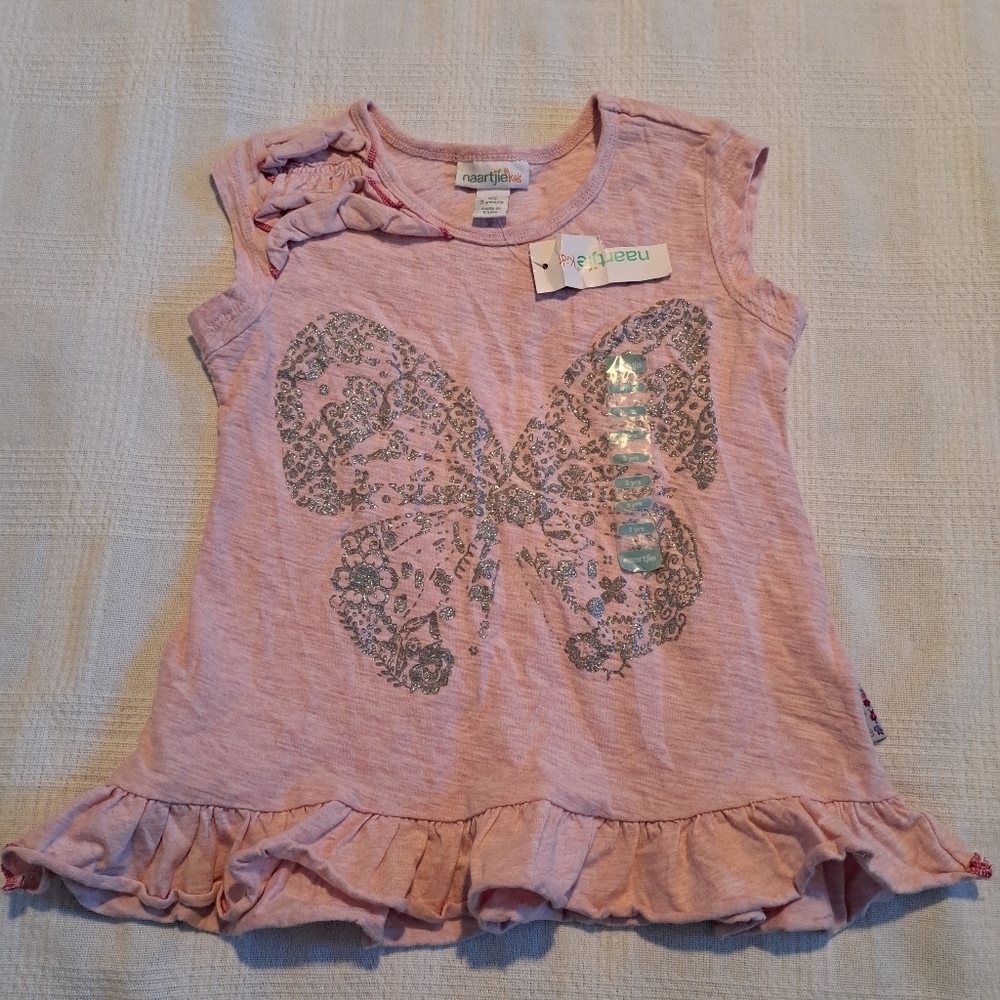 Naartjie girls size 3 butterfly shirt butterfly is silver sparkly print, New